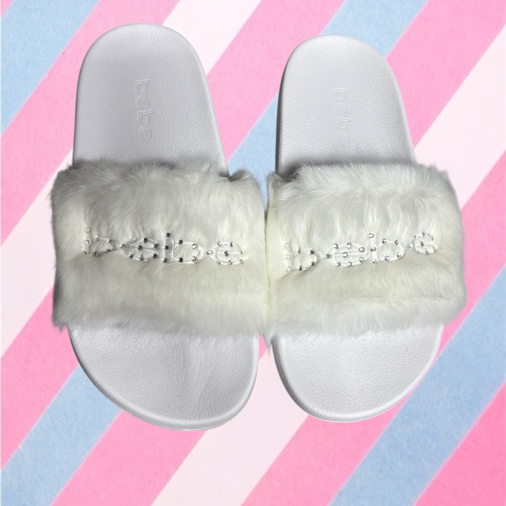 BEBE Faux Fur Logo Rhinestone Slides